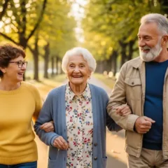 Centarian walking with Friends in Park