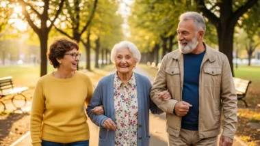 Centarian walking with Friends in Park
