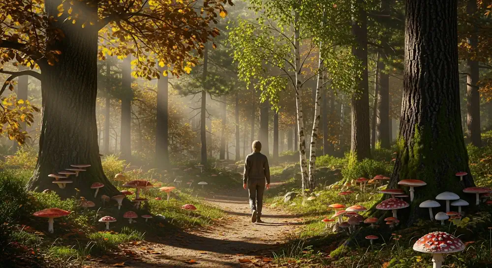 Walking through Forest with Mushrooms